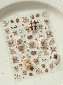 1pc New Adorable Cartoon Strawberry, Puppy, Bear, Brown Bear, Floral Nail Art Stickers, Nail Decals, Nail Components, Nail Decorations, Nail Art Supplies - Multicolor - View 5