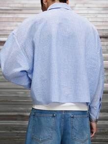 Men's Summer Street Style Casual Shirt, Lightweight Breathable Textured Woven Striped Long Sleeve Button-Up Shirts, Versatile Cropped Loose Blue & White Shirt Unisex Couples Outfit, Suitable For Weekend Dates Beach Vacations Parties Daily Shopping, Perfect Gift For Boyfriend & Son & Mother's Day - Blue - View 5