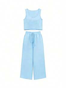 Sky Blue Square Neck Sleeveless Drawstring Wide Leg Pants 2 Pieces Set, Loose Flowy Casual Vacation Outfit For Women, Summer - Baby Blue - View 3