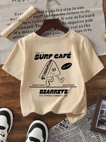 1件幼儿儿童“糕点爱好者”羊角面包印花短袖休闲圆领T恤 - 杏色 - 查看 2