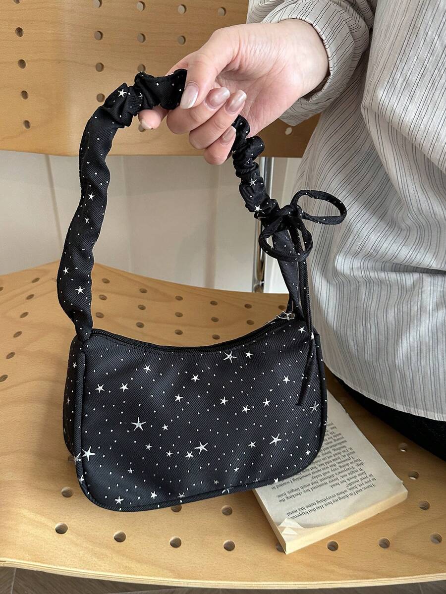 Bolso de hombro de mujer de estilo casual y elegante, hecho de poliéster, decorado con estrellas por todas partes, diseño exquisito y compacto, adecuado para salidas diarias, compras, citas, fiestas, ir al trabajo, para todas las estaciones, un regalo ideal para mujeres que buscan un estilo casual y de moda - Negro - Ver 1