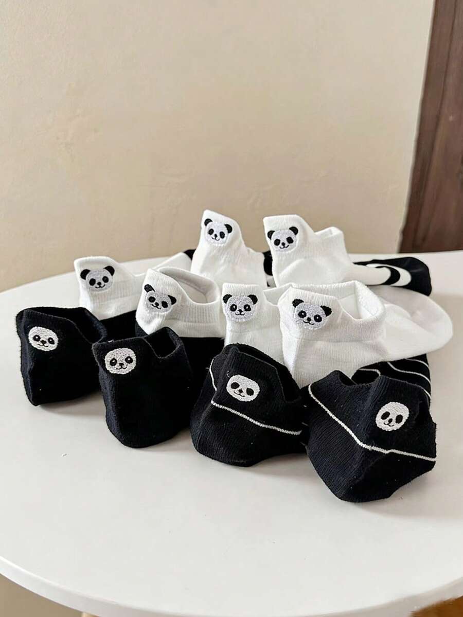 1/5 Pairs Women's Embroidered Panda Boat Socks, Thin Low-Cut Invisible Non-Slip Casual Ankle Socks, Suitable For Summer - Multicolor - View 1