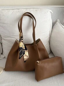 2026 Spring New Arrival High-End Fashion Pleated Large Capacity Tote Bag With Scarf, Luxury Versatile Shoulder Handbag - Brown - View 1