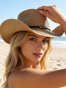 夏季可折叠草编牛仔帽，带防风绳 - 防紫外线宽檐沙滩牛仔帽（女士款） - 巴拿馬草編帽 - 查看 4