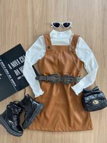 Girls' Outfit Set - Blogger Style - Faux Leather Jumpsuit With Blouse - Camel - View 2