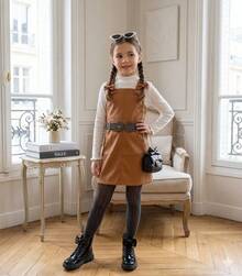 Girls' Outfit Set - Blogger Style - Faux Leather Jumpsuit With Blouse - Camel - View 4