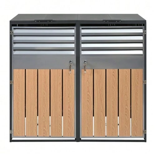 Storage Box With Hinged Lid, Ventilation Opening With Mesh, With Lock And Two Doors. - Grey - View 1