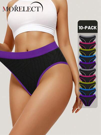 Morelect 10pcs Women's Low Waist Panties, Contrast Color, Comfortable, Soft, Sexy