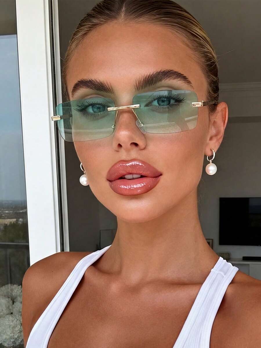 1 buah Kacamata Hitam Fashion Wanita Tanpa Bingkai Bentuk Persegi Panjang dari Logam, Cocok untuk Pakaian, Suasana Liburan, Aksesori Gaya Jalanan, Olahraga, Pesta, Aktivitas Luar Ruangan, Tampilan Gaya Jalanan, Perlindungan Matahari - Hijau - View 1