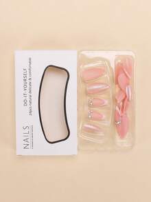 24pcs Extra Long Oval (Almond) Shaped Press-On Nails, Luxurious Gradient Rhinestone Manicure With Nude Pink Base, Blending Gradient Pink Rhinestones, French White Tips And Circle Rhinestone Decor, Elegant High-End Party Style, Suitable For Dates, Galas Or Eye-Catching Occasions, Brightening And Luxurious - Multicolor - View 4