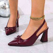 Women's Solid Color Pointed Toe Bowknot Decor Slip-On Fashion High Heel Pumps, Suitable For Valentine's Day, Party, Date, Office And Other Occasions - Burgundy - View 5