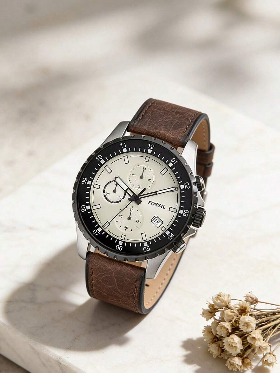 Men's Large Dial Chronograph Wrist Watch: Genuine Leather Strap, Quartz Movement, Water Resistant Design, Suitable For Business And Casual Wear (FS5674) - Coffee Brown - View 1