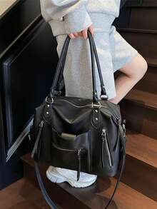 1 Túi xách cỡ lớn màu nâu đậm, chất liệu vải bố, thiết kế nhiều ngăn khóa kéo, có thể chuyển đổi thành quai xách tay hoặc đeo chéo, kiểu dáng moto cổ điển, túi đa năng dùng đi làm và đi học cho nữ. - màu đen - Xem 9