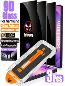3 piezas Protector de pantalla de vidrio templado con privacidad compatible con Samsung Galaxy S26 Ultra/S25 Ultra/S24 Ultra/S26/S25/S24/S23/S22/S21/Plus/S20 FE/S23+/S22+/S21+, vidrio templado 9H+, desbloqueo de huella dactilar, anti-arañazos, cobertura completa - Negro - Ver 13