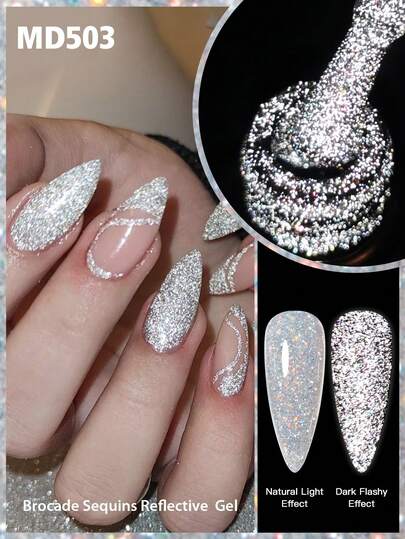 MSRUIOO 1瓶8毫升银色锦缎亮片反光闪粉凝胶指甲油，激光半永久可卸UV凝胶指甲油，适合夏季美甲，美甲DIY，家用及美甲沙龙用品