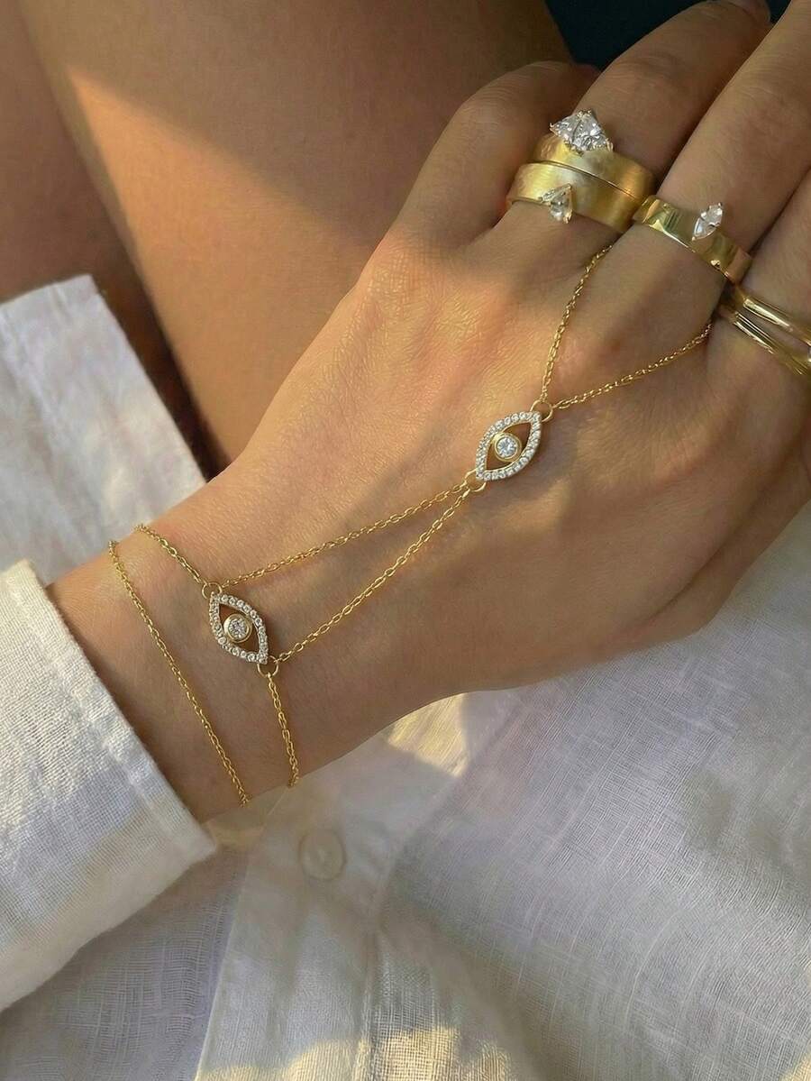 1pc Minimalist Fashion Evil Eye Hand Chain Ring Set, Niche Design Luxury Linked Finger Chain Bracelet For Women, Suitable For Party, Holiday, Gift, Daily Wear, Work - Gold - View 1