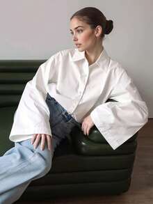 Plus Size Women Elegant Solid Color Casual Turndown Collar Long Sleeve Blouse, Woven Fabric Front Button, Office & Daily Wear, Spring/Summer/Autumn White - White - View 3