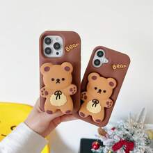 可爱蝴蝶结小熊硅胶手机壳，适用于 16/15 Pro、14 Pro Max、13、12、11，防震保护套 - 黑蝴蝶結小熊(褐色) - 查看 12