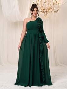 YISIKADO Plus Size Lettuce Trim One Shoulder Chiffon Dress Elegant Wedding Guest Bridesmaid Birthday Prom Party Graduation Formal Evening Dinner Ceremony - Dark Green - View 3