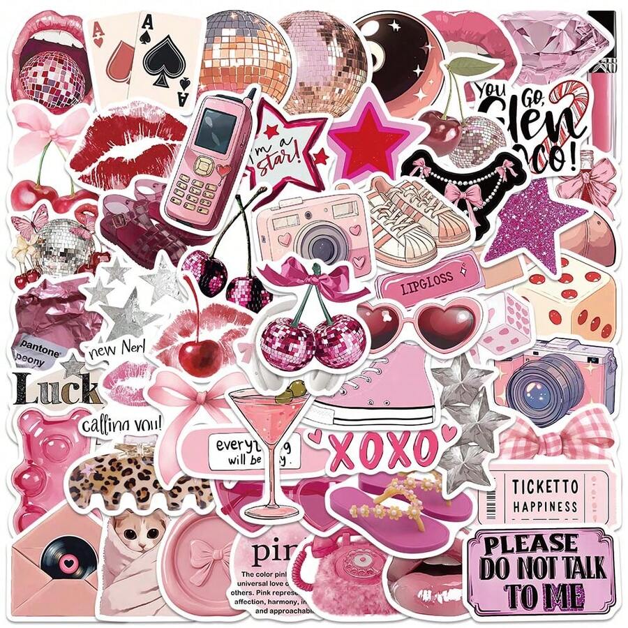 55 piezas Conjunto de pegatinas de chicas cool del centro de la ciudad en estilo Y2K de color rosa, pegatinas retro de disco, estrella, lazo, estética de los años 2000 para manualidades DIY, decoración de planificadores, portátiles, botellas de agua, patinetas, regalos para fiestas de adolescentes - Multicolor - Ver 1
