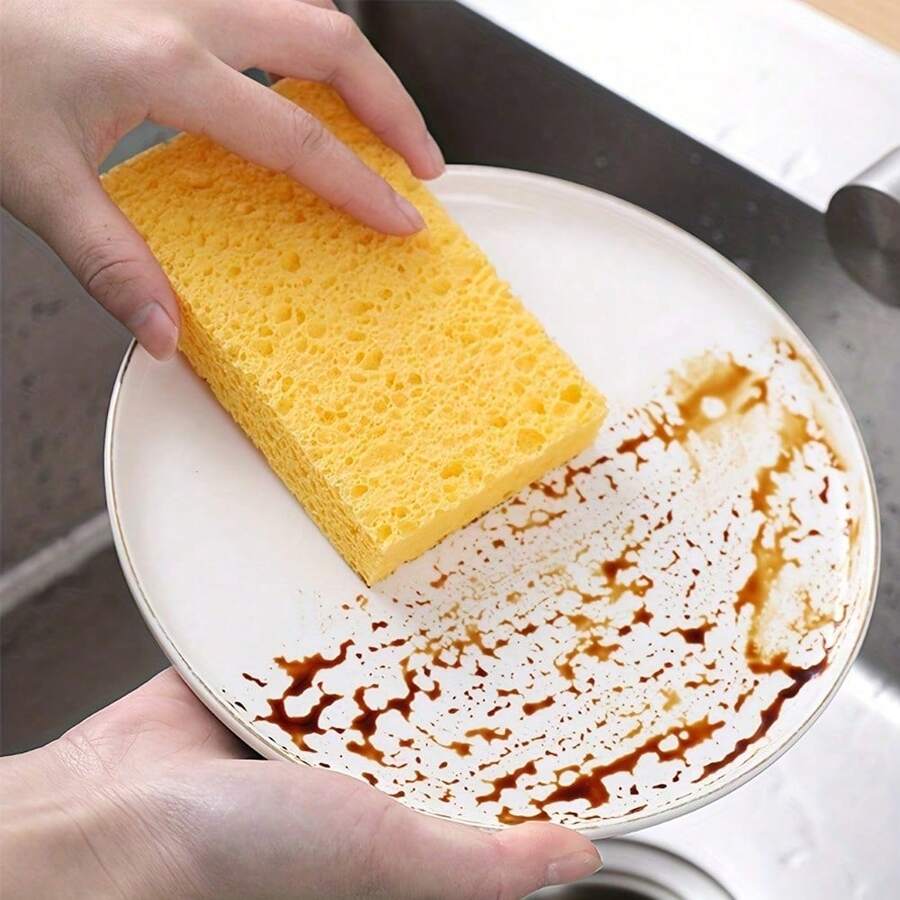 6 piezas/4 piezas/1 pieza Esponja de fibra de madera y algodón para lavar platos, paño de limpieza comprimido, estropajo de cocina resistente - Espesado - Ver 1