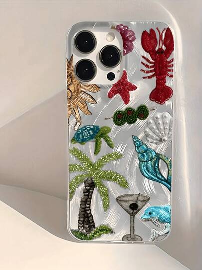 1pc Feather & Pearl Embroidered Palm Tree & Lobster Minimalist TPU Shockproof Phone Case, Compatible With Apple 17, 16, 15, 14, 13, 12, 11 Pro Max, Air, And Series