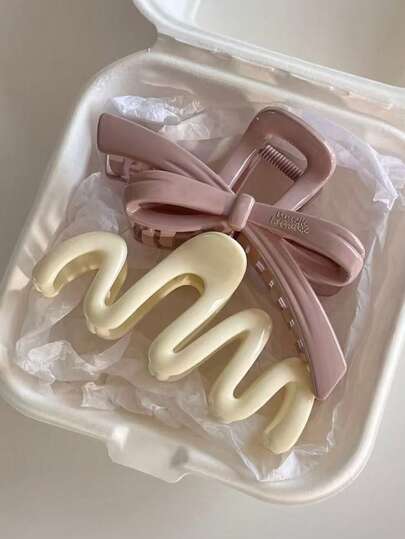 2个/1个 4.37英寸/11.1厘米 白色波浪粉色蝴蝶结塑料发夹，时尚百搭优雅简约纯色发爪，适合日常佩戴、休闲、派对、通勤、海滩、丸子头、马尾辫、洗脸、化妆、配饰（字母标签为单面，无特定含义，仅作装饰用途）