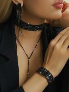1 Set Elegant Jewelry Set: 1 Pair Earrings + 1 Necklace + 1 Bracelet, Black Gold Silver Plated With Rhinestones, Multiple Colors Available, Suitable For Daily Wear - Geometry - View 1