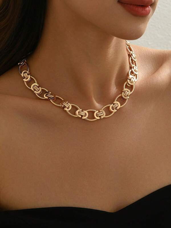 1pc European And American Punk Style Geometric Textured Metal Chain Necklace For Women, Suitable For Holidays And Daily Wear