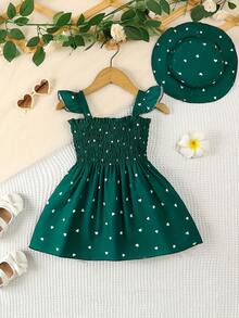 Robe en tricot torsadé imprimé cœur + chapeau de soleil pour bébé fille pour la Saint-Valentin - Vert - Voir 2