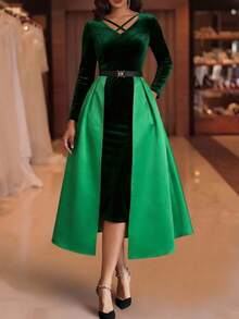 Women's Elegant Green Velvet Midi Dress - Criss-Cross V-Neck, Long Sleeves, Belted Waist With Satin Panels, Removable Outer Skirt, Ideal For Christmas Gatherings & Other Formal Occasions - 綠色 - 查看 1