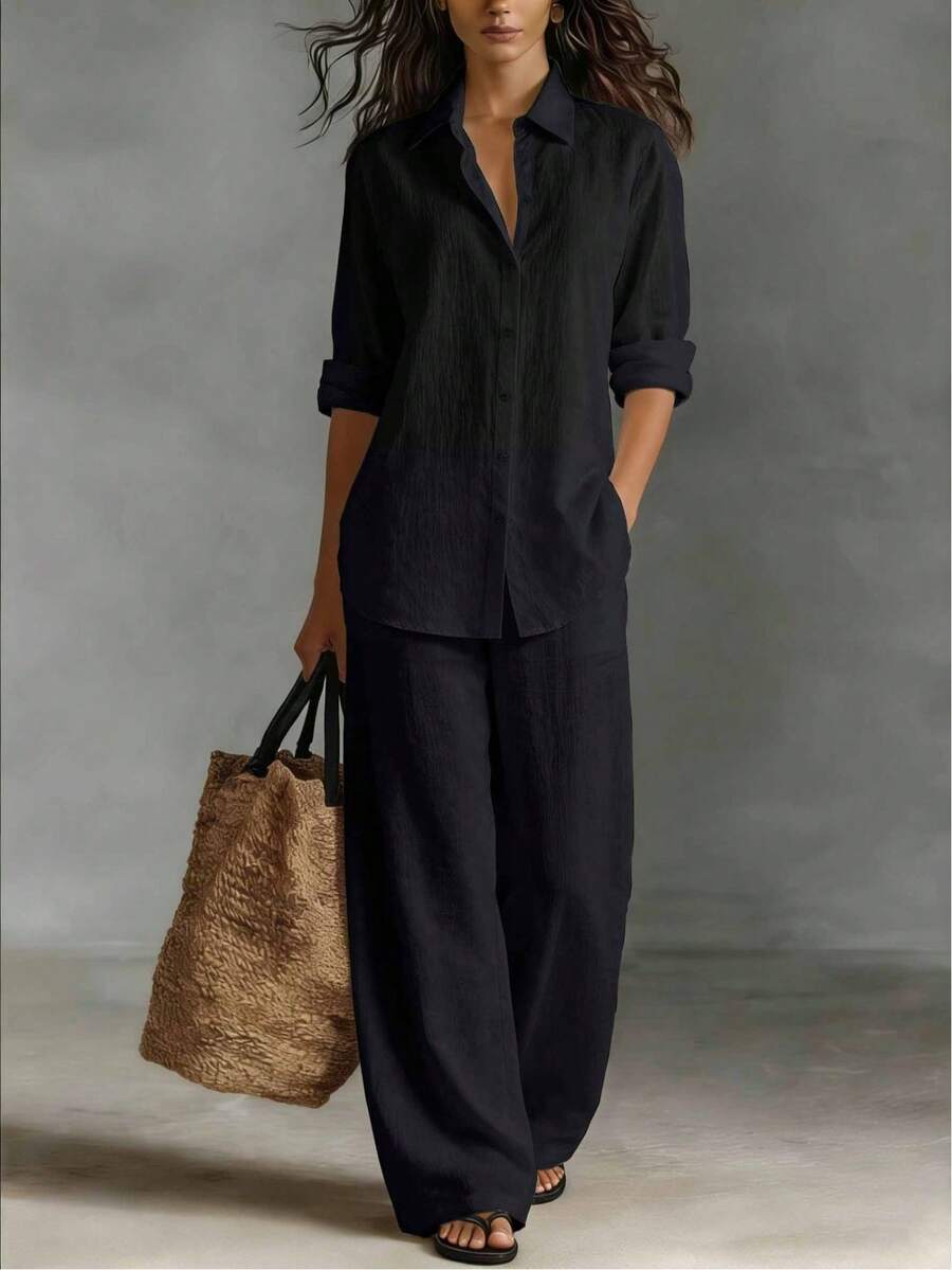 Women Button Down Shirt And Wide Leg Pants Two Piece Outfit Casual Linen Set - màu đen - Xem 1