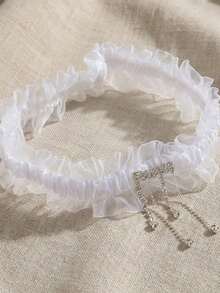 欧美风白色蕾丝边弹力吊袜带，饰有水钻和流苏，性感大腿吊袜带 - 白色 - 查看 2