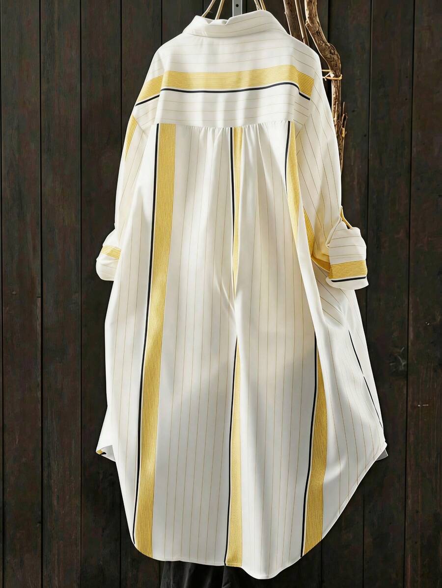 宽松条纹衬衫，女士春夏休闲长袖前开襟纽扣黄色撞色竖条纹宽松翻领罩衫，沙滩度假罩衫 - 黃色 - 查看 1