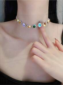 Colorful Rhinestones Necklace Designed To Elevate Holiday Celebrations Birthday Parties And Everyday Outfits Offering A Stylish Accessory For Girls That Adds A Touch Of Glamour And Sparkle To Any Ensemble Perfect For Gifting Or Personal Use. - Bạc - Xem 2