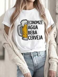 Camiseta Blusa Feminina Estampada Economize Agua, Beba Cerveja Estilosa 100% Algodão  Promoção - Branco - Visão 1