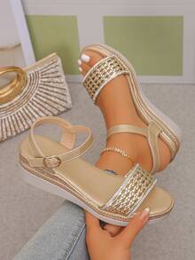 Sandalias de cuña doradas simples para mujer, de moda y elegantes, cómodas y versátiles, adecuadas para uso diario y actividades al aire libre en verano - Dorado - Ver 2