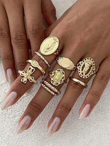 10pcs Exaggerated Rhinestone Crown & Cross Punk Fashion Finger Rings, Suitable For All Occasions, Great Gift Choice, Versatile For Daily Wear, Festive Occasions, And Social Gatherings. An Excellent Gift Choice For Partners, Family, And Friends. - Guld - Visa 2