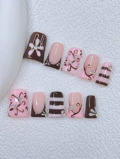 10pcs Y2K Nails Chic Duckbill Press On Nails Set - Handcrafted, Pink Nails, Brown Nails, Brown And Pink French Tip Nails, Hand Drawn Pink Flowers And Brown Flower Branch Design, Hand Drawn Brown Stripe And Brown Flowers Decoration