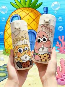 SpongeBob SquarePants 420毫升防漏翻盖水瓶，主题系列，印有派大星、章鱼哥、蟹老板、珊迪和加里等卡通人物的可爱图案。 - 彩色 - 查看 3