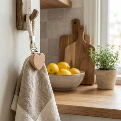 4 piezas de Clips de toalla con forma de corazón de madera, Estante para toallas de cocina, Colgador de paños de cocina, Soporte para toallas de baño, Anillos colgantes antideslizantes
