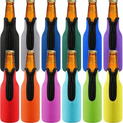 Bộ 12 chiếc vỏ bọc chai bia bằng neoprene, chống trượt, cách nhiệt, có khóa kéo, nhiều màu sắc, thích hợp cho tiệc ngoài trời.
