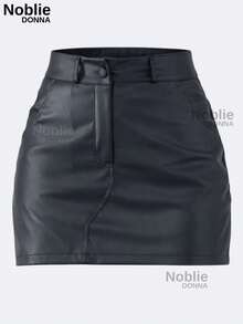 Women's Tailored Short Skirt, Formal Casual Style, With Zipper, Pocket, And Button - 黑色 - 查看 4