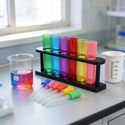 OBOVAY Bộ dụng cụ thí nghiệm khoa học STEM nhiều màu sắc: Giá đỡ ống nghiệm bằng nhựa kèm pipet chia vạch, thìa đong và cốc đong, thích hợp cho các dự án trường học, giáo dục tại nhà và khám phá khoa học, tuyệt vời cho học sinh, giáo viên và những người đam mê khoa học.