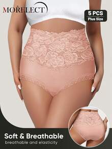 Morelect 5pcs/Pack Women Plus Size High Waist Tummy Control Cotton Briefs, Lace Patchwork, Full Coverage, Jacquard Pattern - Multicolor - View 4