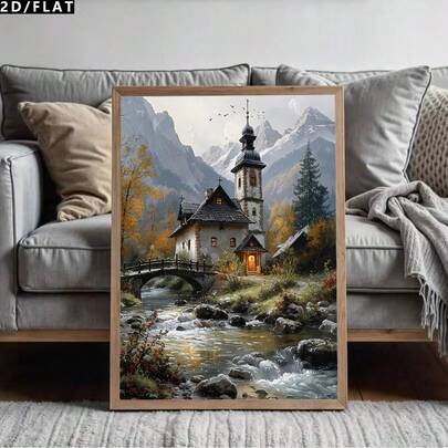 2D/Flat 1pc Vintage Style Countryside House Creek Decoration Painting, Landscape Art Posters, Canvas Wall Arts, Autumn Decoration, Home Decoration, Bedroom Living Room Study Room Office Dining Room Coffee Shop Wall Decoration(No Frame/Wrapped Canvas)