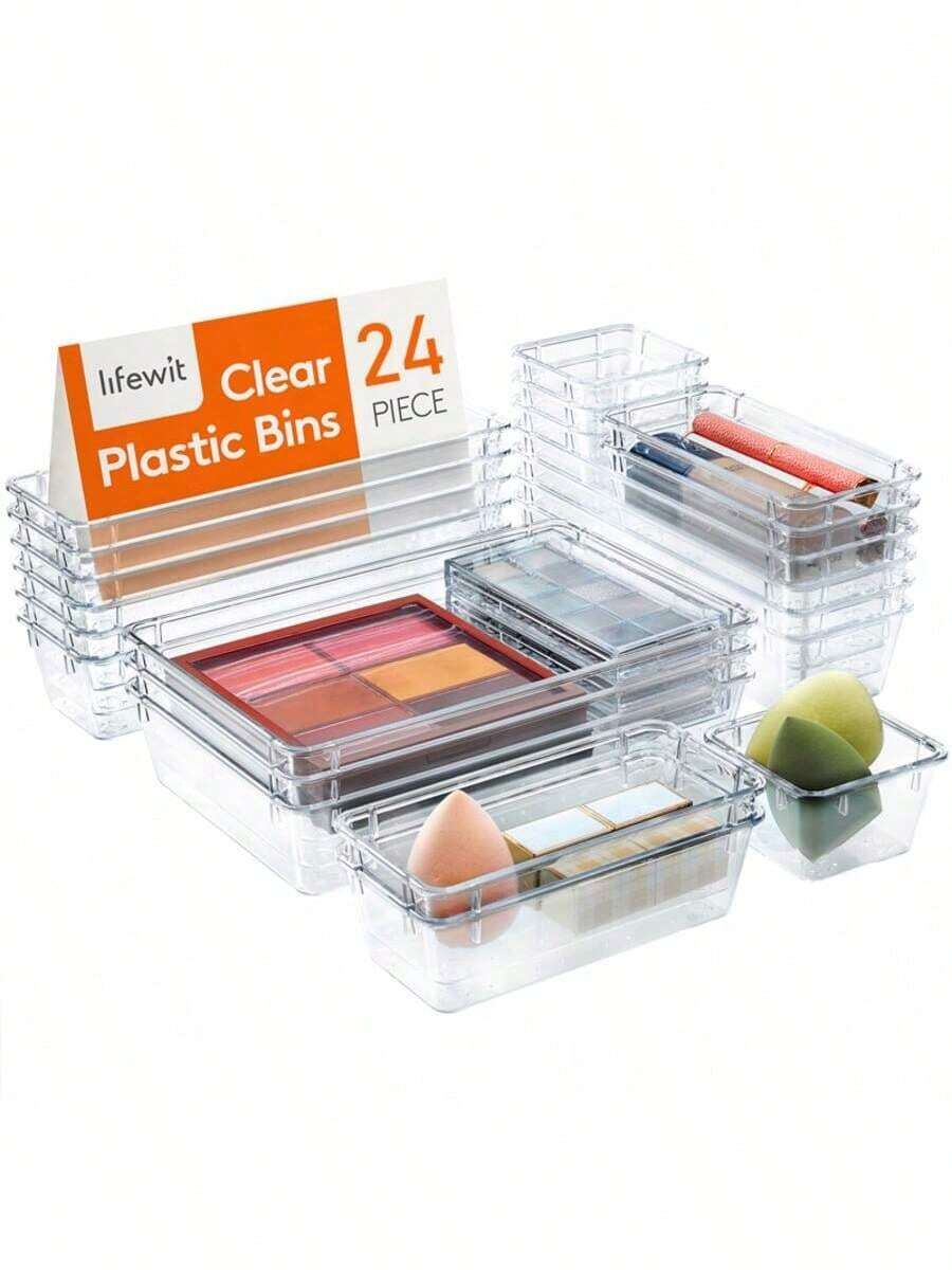 18/25/48/62pcs Clear Plastic Drawer Organizer Set, 4 Sizes Multifunctional Bathroom And Vanity Drawer Organizer Trays, Makeup, Kitchen And Office Storage Box  Decorations   Autumn Decor Festival Decor Room Decor Home Decor Fall Decor Bedroom Decor - 白色 - 查看 1