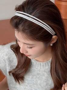 1pc Vintage French Style Minimalist Double-Layer Headband, Pearl Inlaid Non-Slip Sweet Hair Hoop,Festival,Party - Beige - View 1