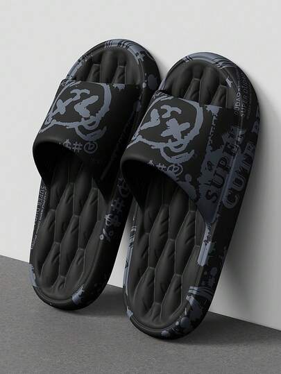 Unisex Outdoor Slippers, Soft Massage Cartoon XV Bear Print House Shoes, Summer, Black/White, Plus Size 46-49