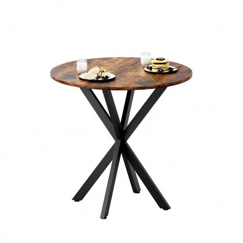 Tavolo da pranzo rotondo, stile industriale, con gambe a X, marrone e nero vintage, tavolo da cucina, ufficio domestico - Castano - Visualizzare 1